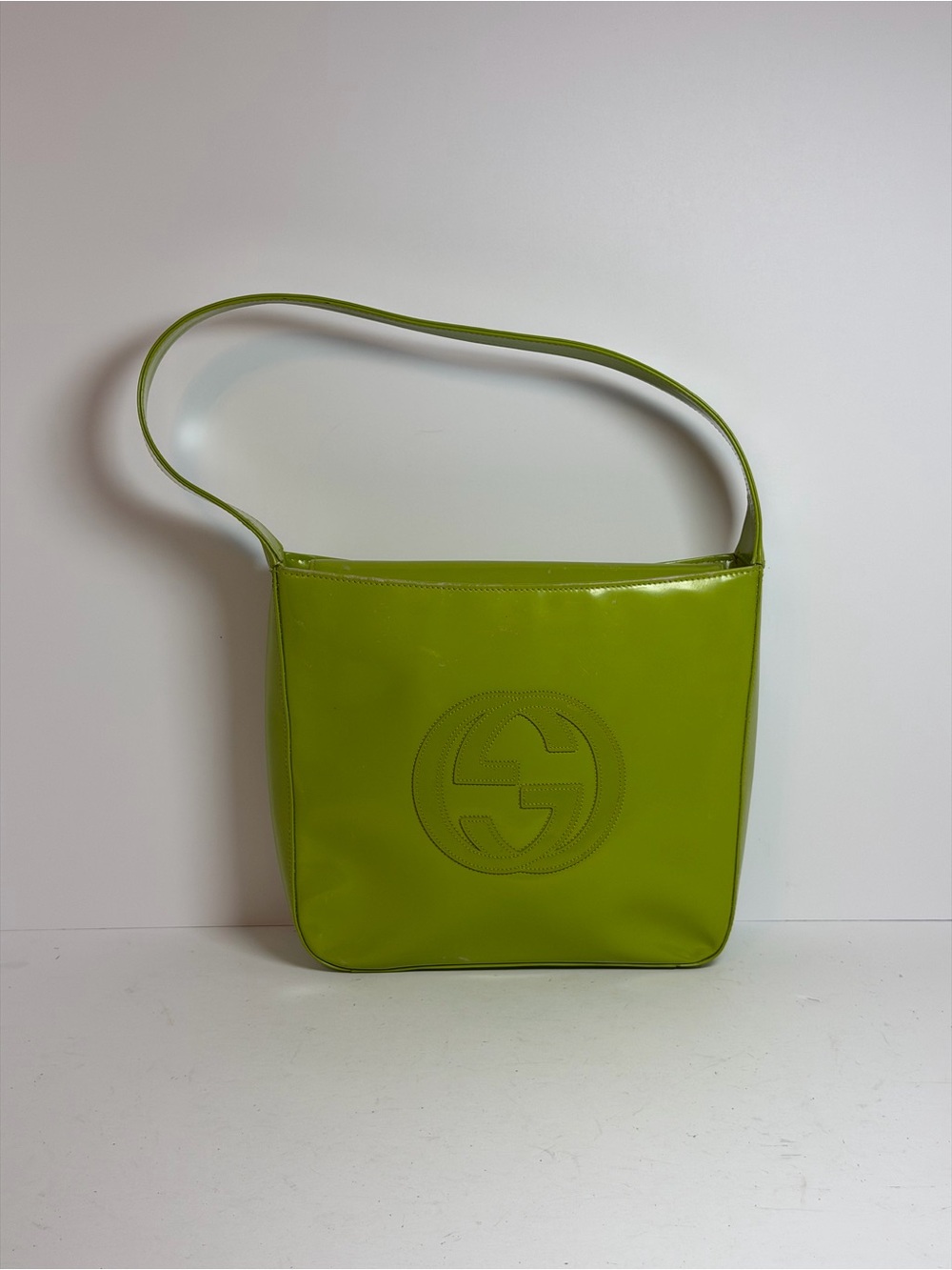 Vintage Gucci Interlocking GG Lime Green Patent Leather Hobo Shoulder Bag